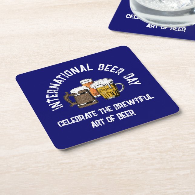 Blue Customisable International Beer Day Square Paper Coaster (Angled)