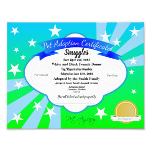 Blue Customisable Pet Adoption Certificate Photo Print