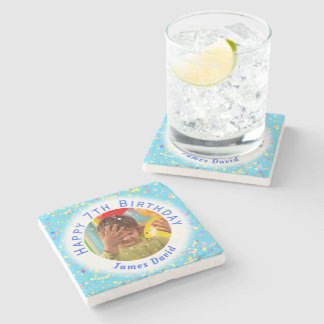 Blue Customisable Watercolor Confetti Birthday Stone Coaster