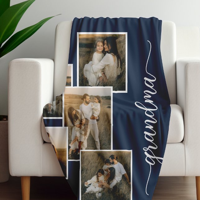 Blue Customised Grandma Grandkid 5 Photo Collage  Fleece Blanket (Creator Uploaded)