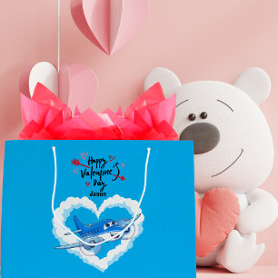 Blue Cute Aeroplane & Clouds, Kids Valentine's Day Large Gift Bag
