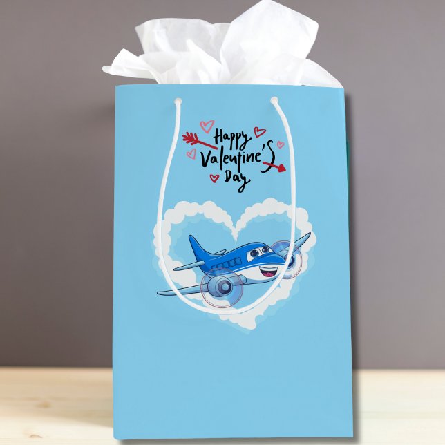 Blue Cute Aeroplane & Clouds, Kids Valentine's Day Medium Gift Bag (Creator Uploaded)