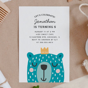 Blue cute bear. Kids or baby boy birthday party Invitation