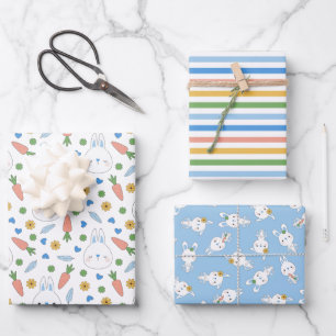 Blue Cute Bunnies Stripes Boy Baby Shower Wrapping Paper Sheet
