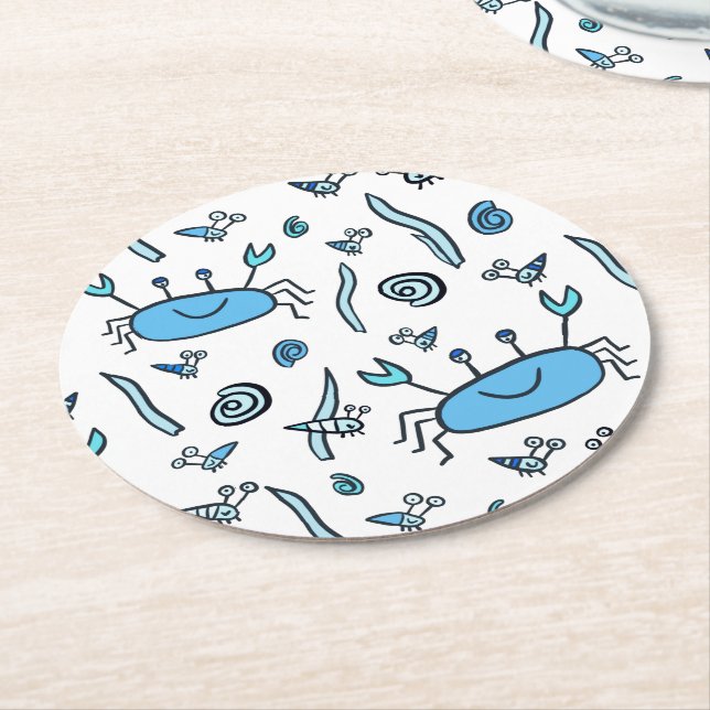 Blue Cute Crab Sea Animal Pattern Kids Round Paper Coaster (Angled)