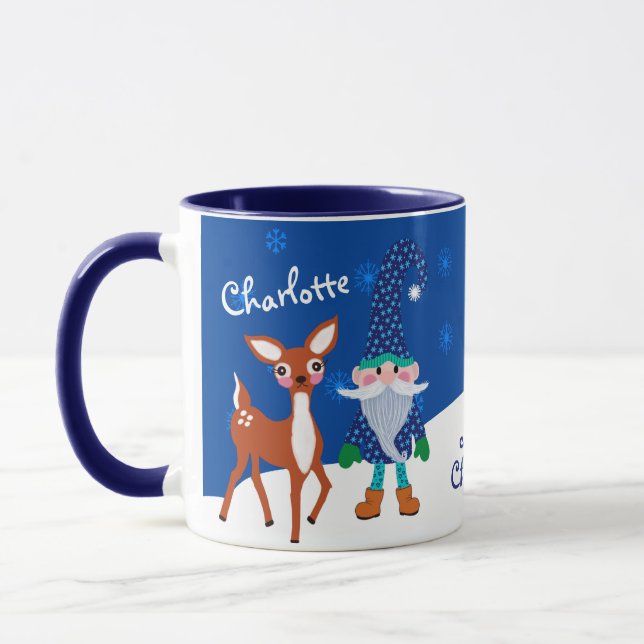 Blue Cute Deer and Gnome Personalised Christmas Mug (Left)