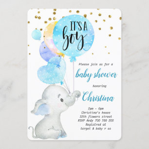 Blue Cute Elephant Baby Boy Shower Balloon Invitation
