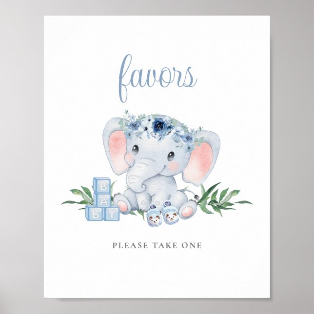 Blue Cute Elephant Boy Baby Shower Favours Sign (Front)