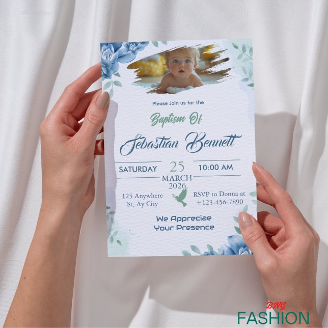 Blue Cute Floral Custom Photo Baptism Religious Invitation (Creator Uploaded)