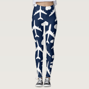 Blue cute flying airplanes aircraft pattern design leggings