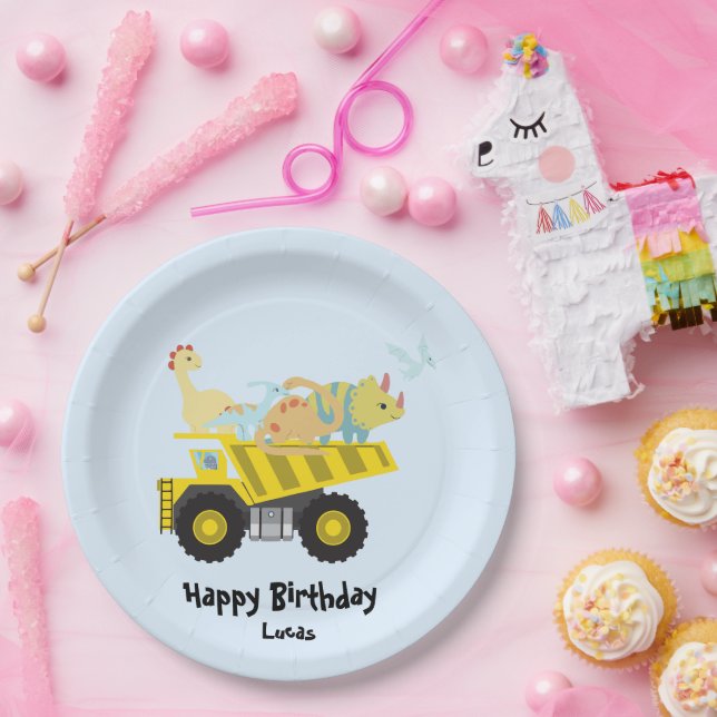 Blue Cute fun dinosaur tractor HBD DIY NAme Balloo Paper Plate (Party)