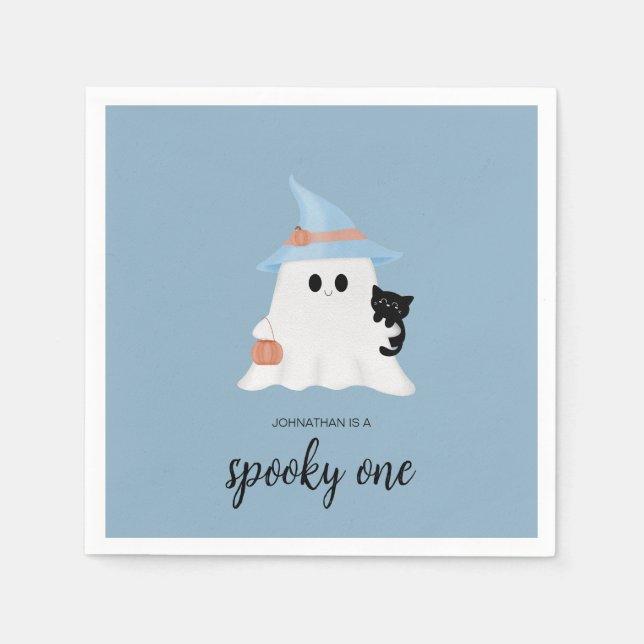 Blue Cute Ghost Halloween Spooky One Birthday  Napkin (Front)