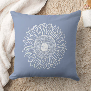 Blue  Cute Graphic Sunflower Sketch Floral  Cushion