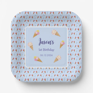 Blue Cute Ice Cream Cone Kids Boy Birthday Paper Plate