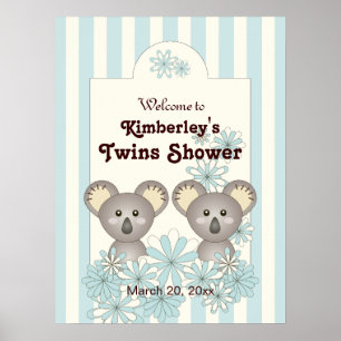Blue Cute Koala Boy Twin Baby Shower Welcome Poster