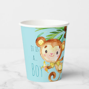 Blue Cute Monkey Baby Boy Announcement 2 Paper Cups