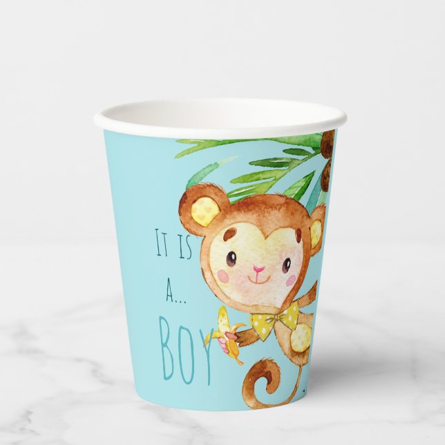 Blue Cute Monkey Baby Boy Announcement 2 Paper Cups (Front)