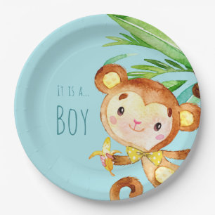 Blue Cute Monkey Baby Boy Announcement 2 Paper Plate