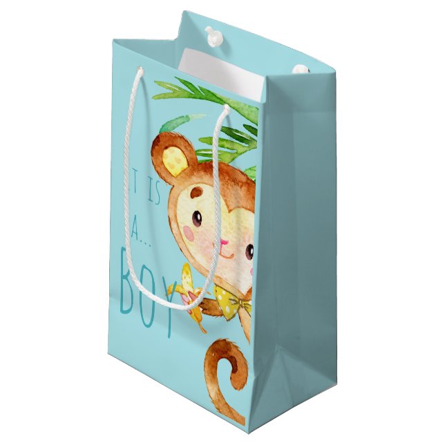 Blue Cute Monkey Baby Boy Announcement 2 Small Gift Bag (Front Angled)