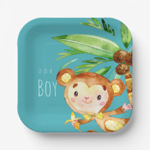 Blue Cute Monkey Baby Boy Announcement Paper Plate