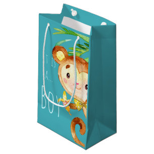 Blue Cute Monkey Baby Boy Announcement Small Gift Bag