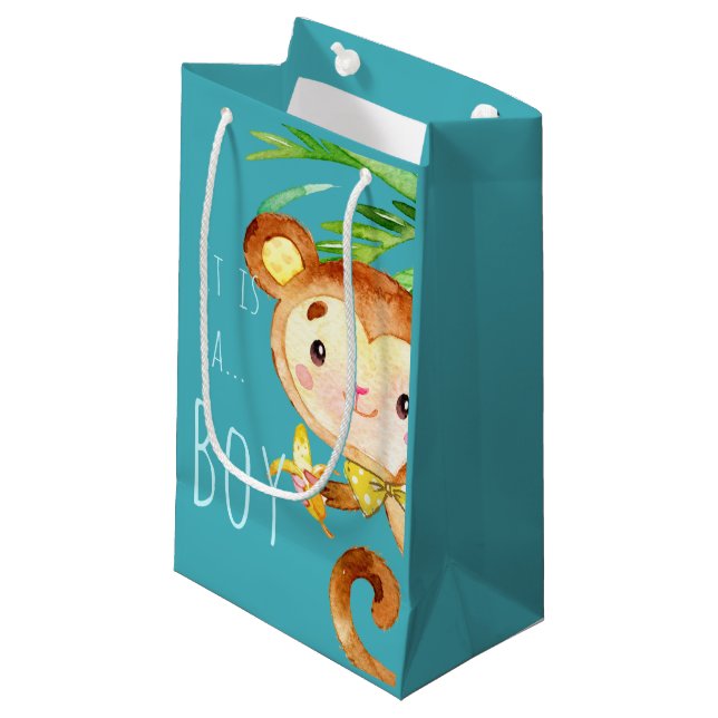 Blue Cute Monkey Baby Boy Announcement Small Gift Bag (Front Angled)