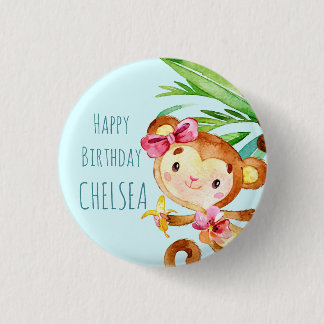 Blue Cute Monkey Personalised Happy Birthday 3 Cm Round Badge