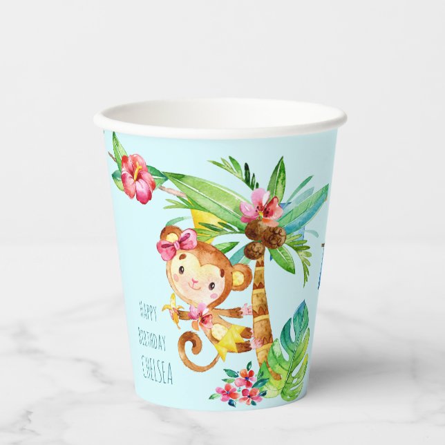 Blue Cute Monkey Personalised Happy Birthday Paper Cups (Front)