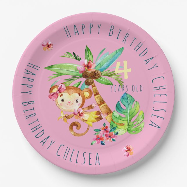 Blue Cute Monkey Personalised Happy Birthday Paper Plate (Front)
