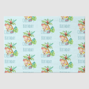 Blue Cute Monkey Personalised Happy Birthday Tissue Paper