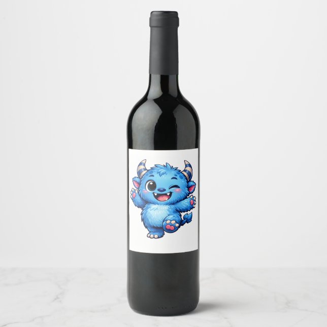 Blue Cute Monster Wine Label (Front)
