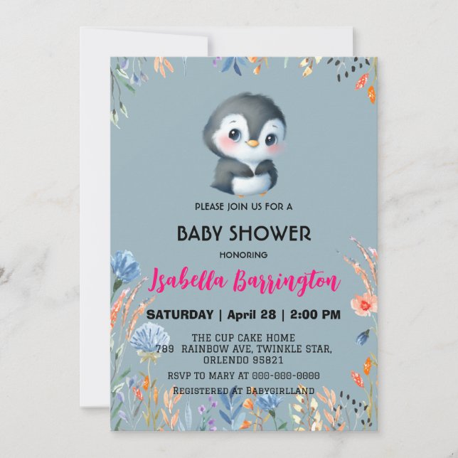 Blue Cute penguin sweet flower baby shower kids Invitation (Front)