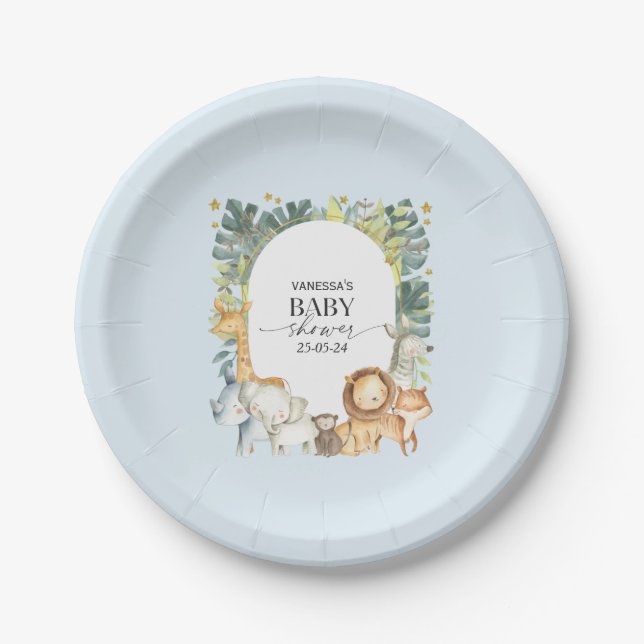 Blue cute safari boy baby shower paper plate (Front)