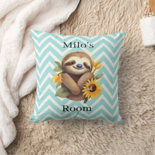 Blue Cute Sloth With Sunflowers Personalised  Cushion