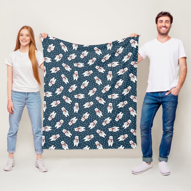 Blue cute snow polar bear pattern fleece blanket (In Situ)