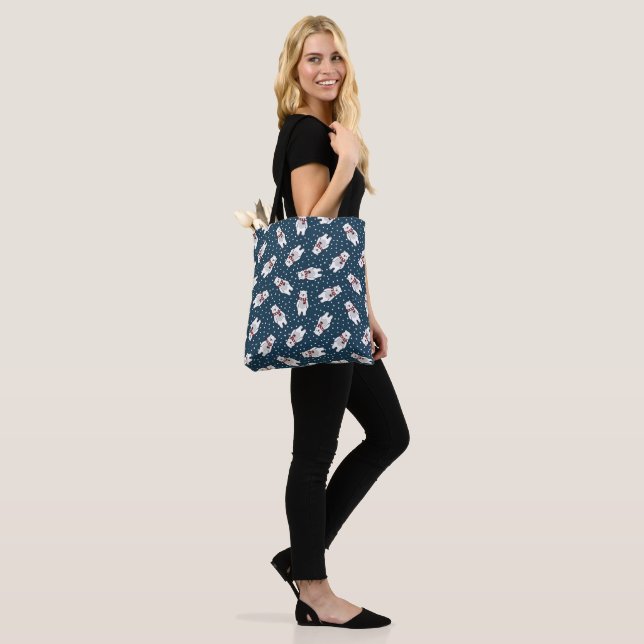 Blue cute snow polar bear pattern tote bag (On Model)