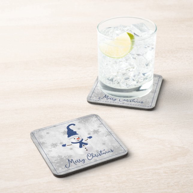 Blue Cute Snowman Beverage Coaster (Right Side)