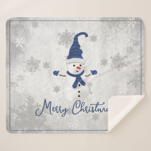 Blue Cute Snowman Holiday Sherpa Blanket