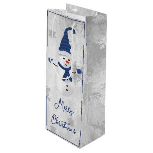 Blue Cute Snowman Holiday Wine Gift Bag