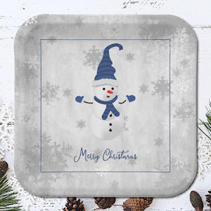 Blue Cute Snowman Paper Plate