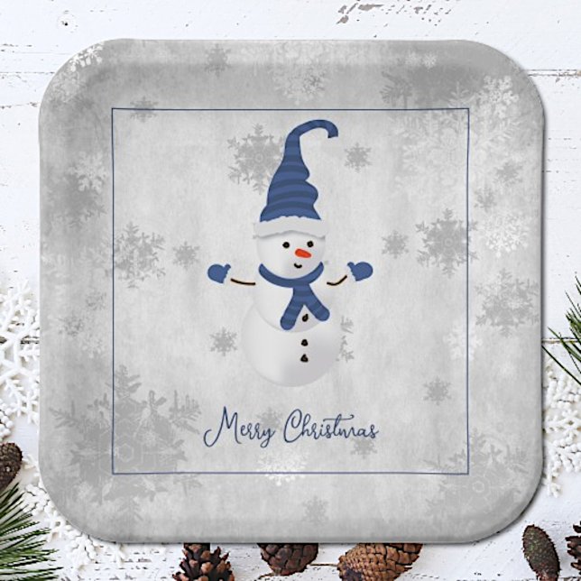 Blue Cute Snowman Paper Plate (Blue Cute Snowman Christmas Paper Plates)