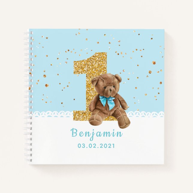 Blue Cute Teddy Bear 1st Birthday Guest Book (Front)