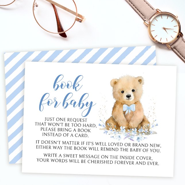 Blue cute teddy bear book for baby boy shower card (Creator Uploaded)