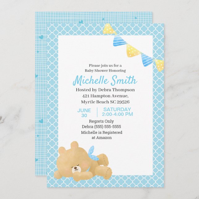 Blue Cute Teddy Bear Boy Baby Shower       Invitation (Front/Back)