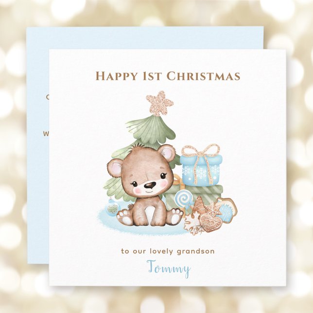Blue Cute Teddy Bear Boy First Christmas Card (Blue Cute Teddy Bear Boy First Christmas Card)