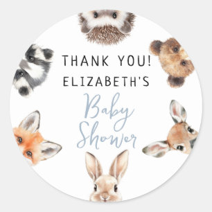 Blue Cute Watercolor Woodland Animals Baby Shower Classic Round Sticker