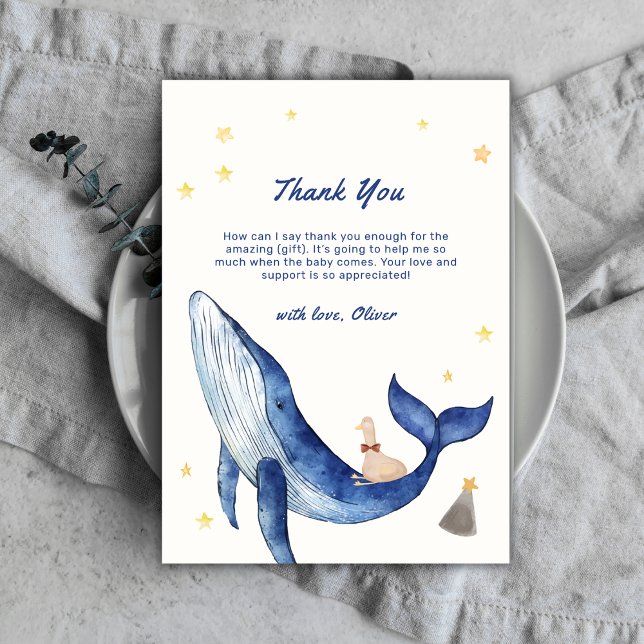 Blue Cute Whimsical Duck Stars Whale Baby Shower Thank You Card (Blue Cute Whimsical Duck Stars Whale Baby Shower Thank You Card)