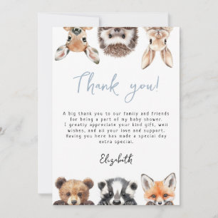 Blue Cute Woodland Forest Animals Baby Shower Thank You Card