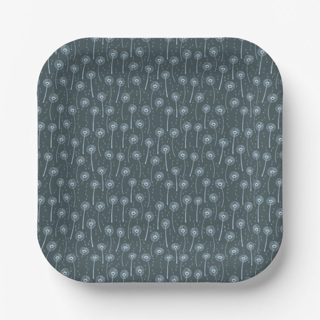 Blue cyan bohemian dandelions pattern paper plate (Front)