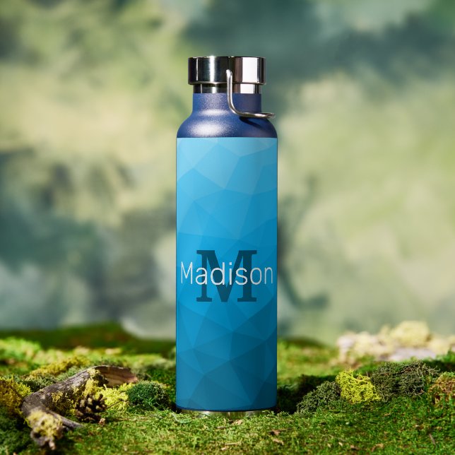 Blue cyan Geometric Mesh Pattern Monogram Water Bottle (Outdoor)